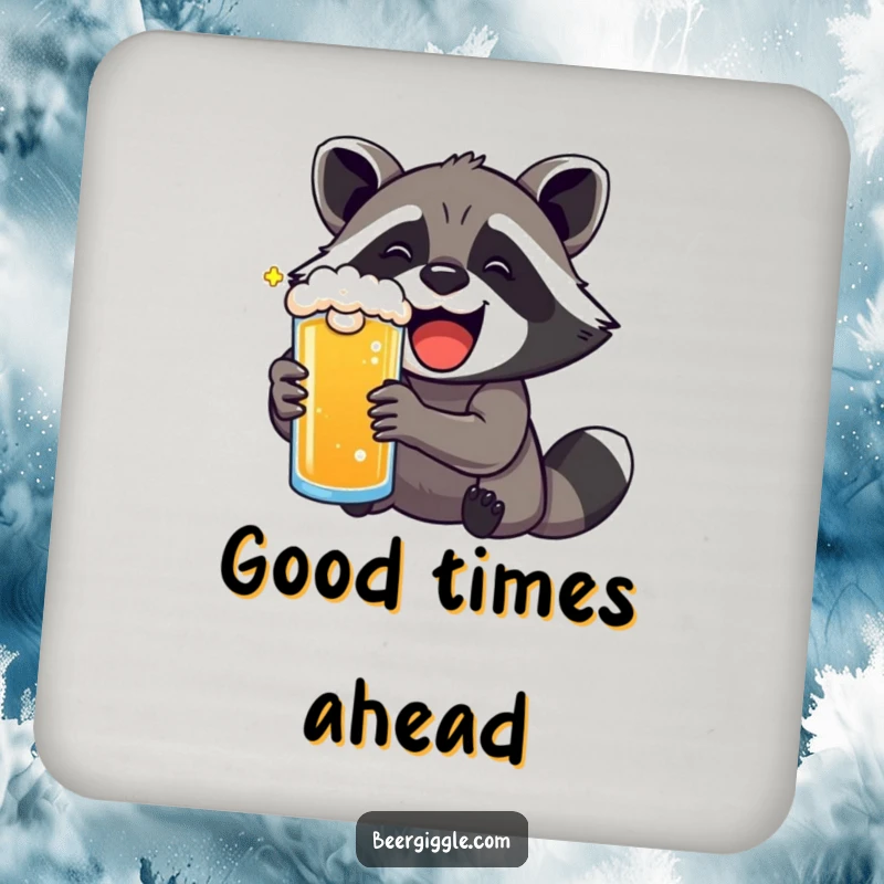 Funny kawaii raccoon with exaggerated delight drinking a beer on coasters for humorous surface protection.