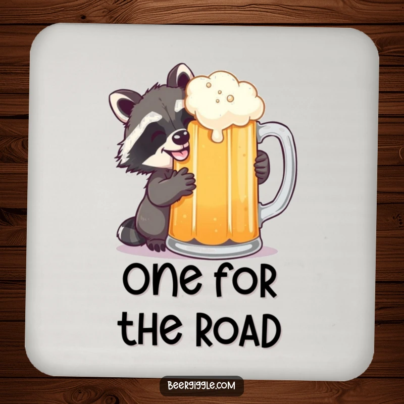 Funny raccoon grinning while sneaking a sip of beer from a large mug, depicted on a coaster for humorous protection.
