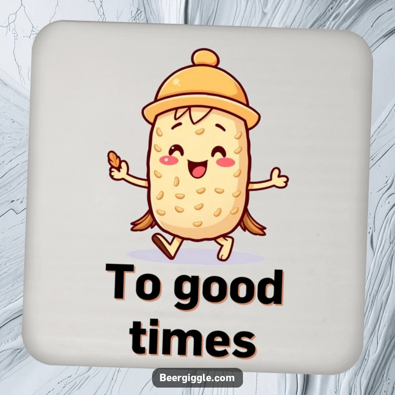 Funny kawaii barley character joyfully marching with a mini foam hat on a drink coaster, practical and cheerful. Cute gift.