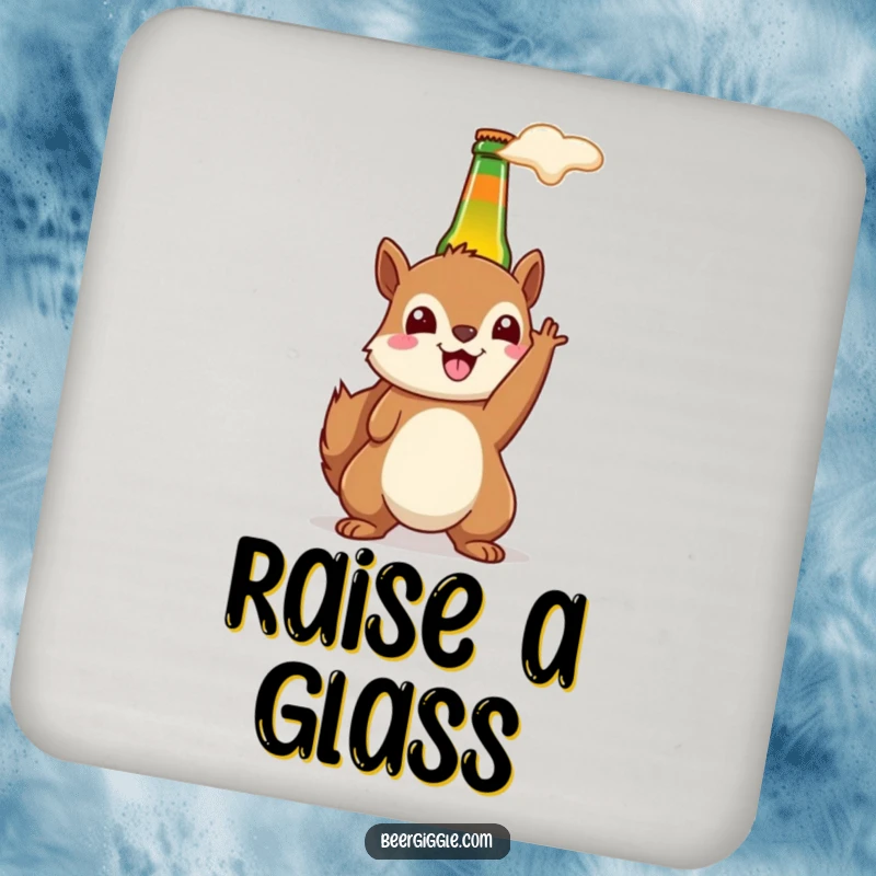 Funny kawaii squirrel beer coasters featuring a happy squirrel holding a beer bottle aloft, for party protection.