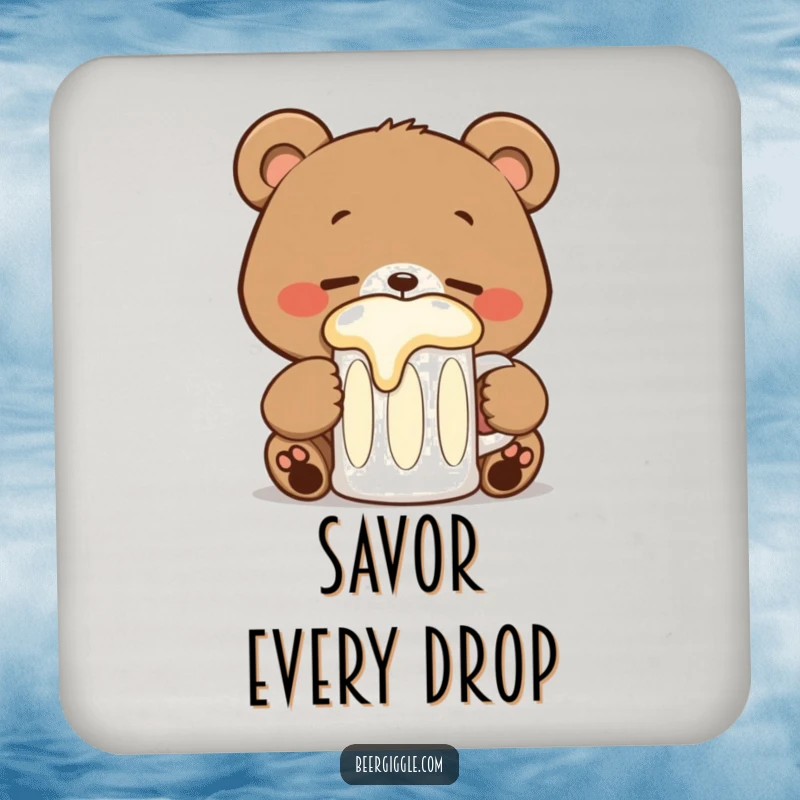 Funny kawaii bear stein coasters featuring a happy bear sipping, adding joyful and humorous protection.