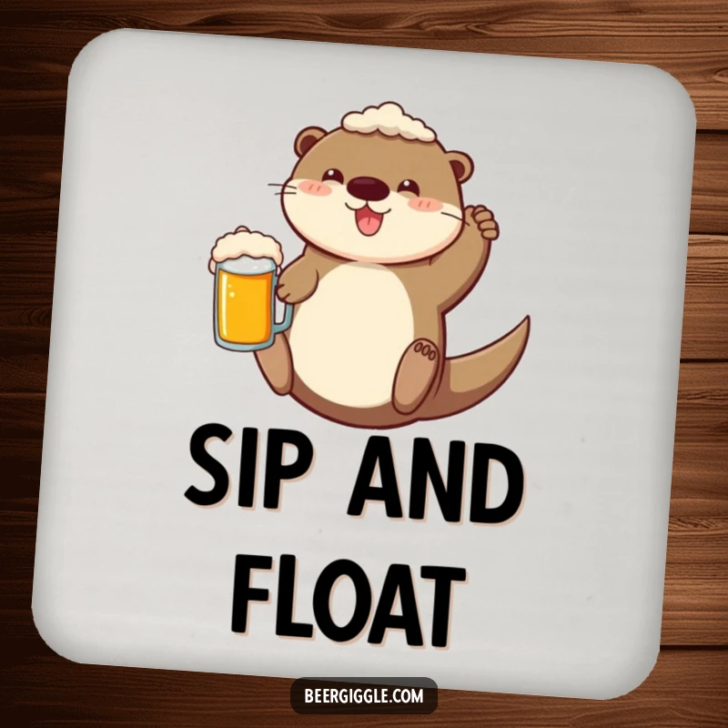 Funny Coaster featuring a cheerful otter floating with a beer mug, protecting surfaces with aquatic charm.