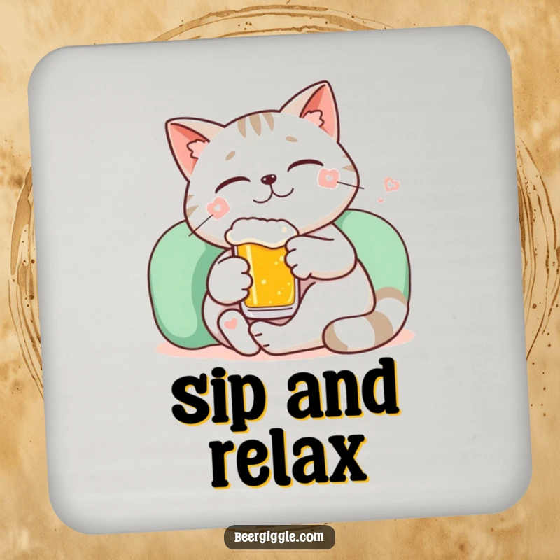 Funny kawaii cat lounging with a tiny beer and a smile on coasters for peaceful surface protection.