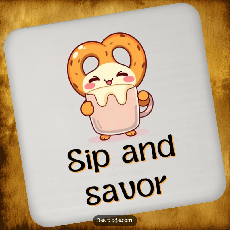Funny kawaii pretzel character winking while balancing a frothy mug on a drink coaster, practical and humorous. Cute gift.