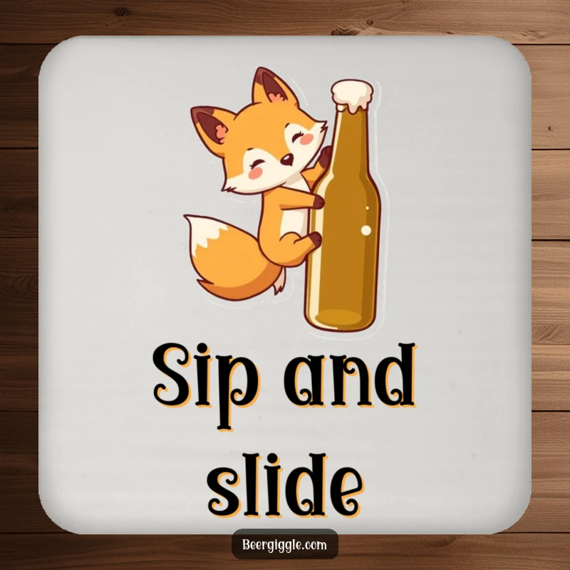 Funny Kawaii Fox Coaster: Cute fox character slides down a beer bottle, adding humorous protection to drink surfaces.