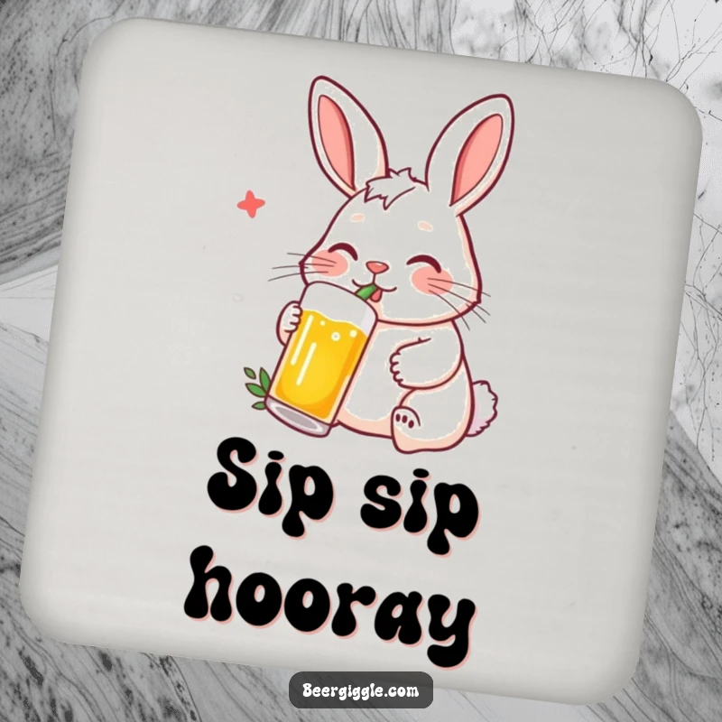 Funny Rabbit Coaster: A contented rabbit character sipping beer with a straw, a funny accessory.