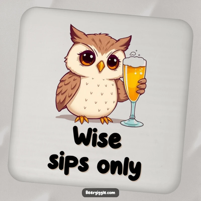 Funny coaster with a curious owl character admiring a beer glass, adding a humorous touch to drink service.