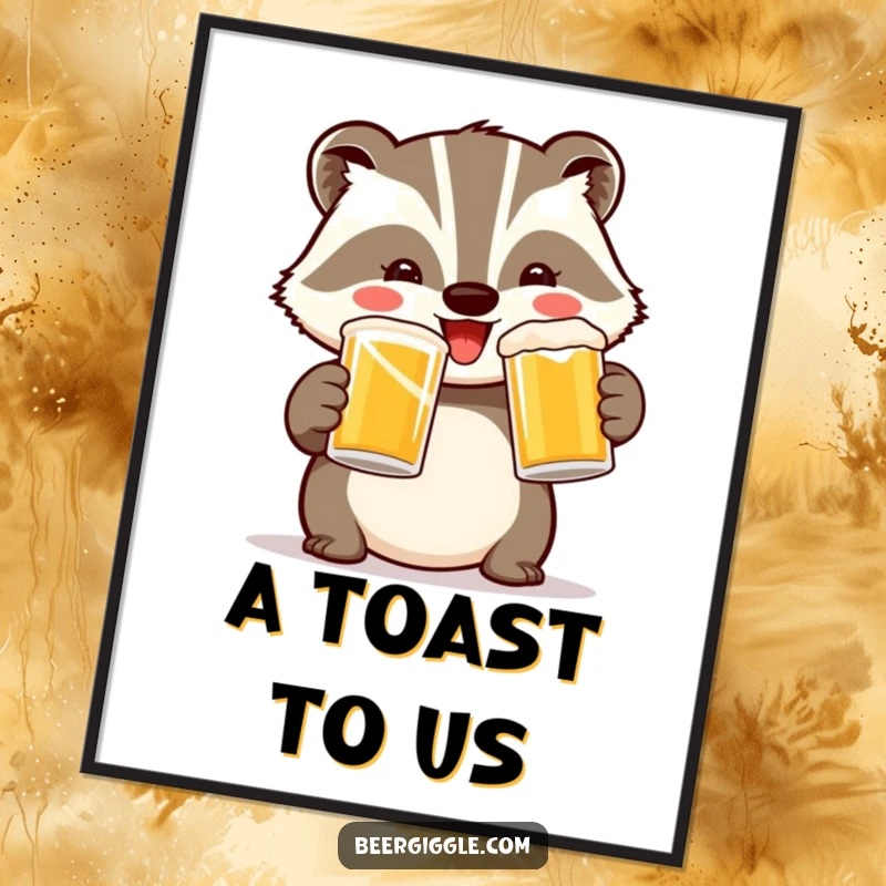 Funny Badger Toast Poster: A cheerful badger raises two mugs in a toast, bringing hilarious celebratory vibes.