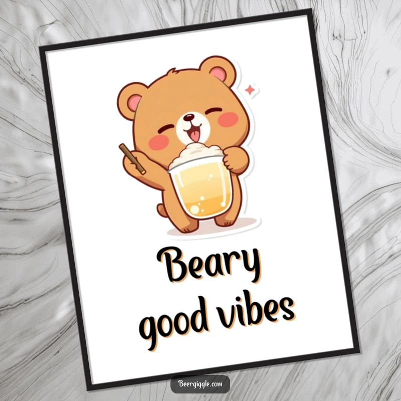 Funny Bear Winking Poster: A delighted bear winks while balancing a foamy drink, bringing hilarious playful vibes.