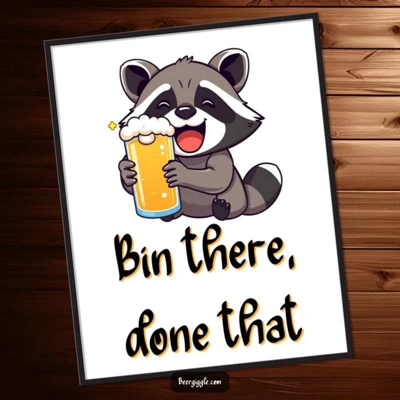 Funny kawaii raccoon with exaggerated delight enjoying a frothy beer, displayed as vibrant wall art.