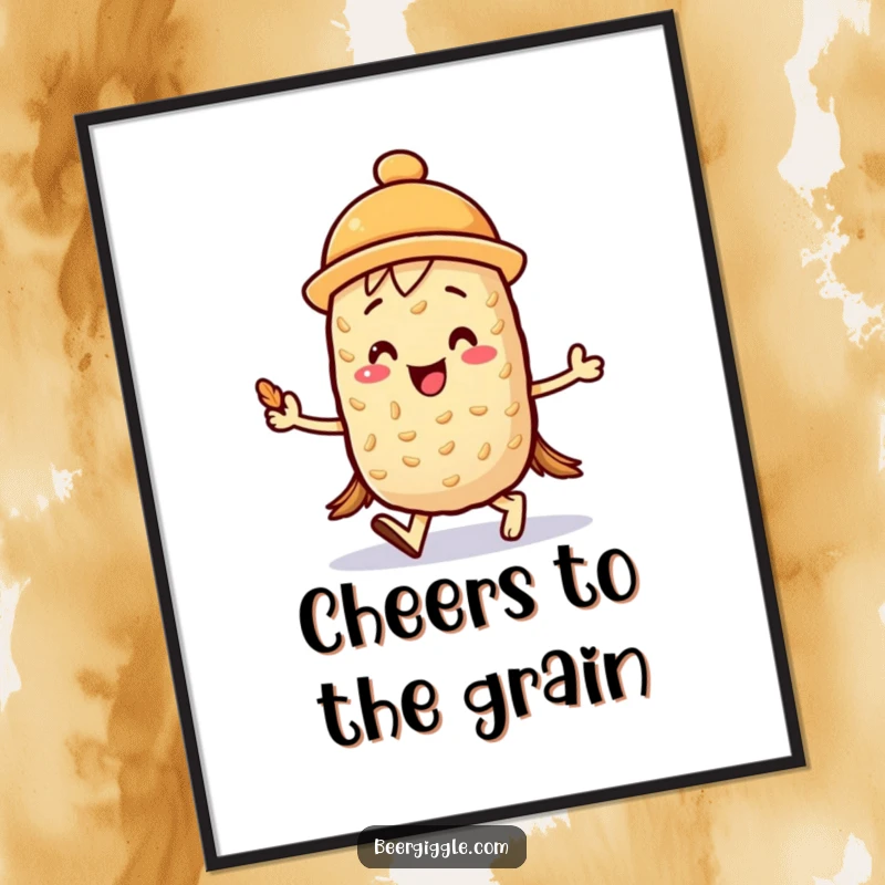 Funny kawaii barley character joyfully marching with a mini foam hat on a poster, a vibrant and happy art piece. Fun decor.