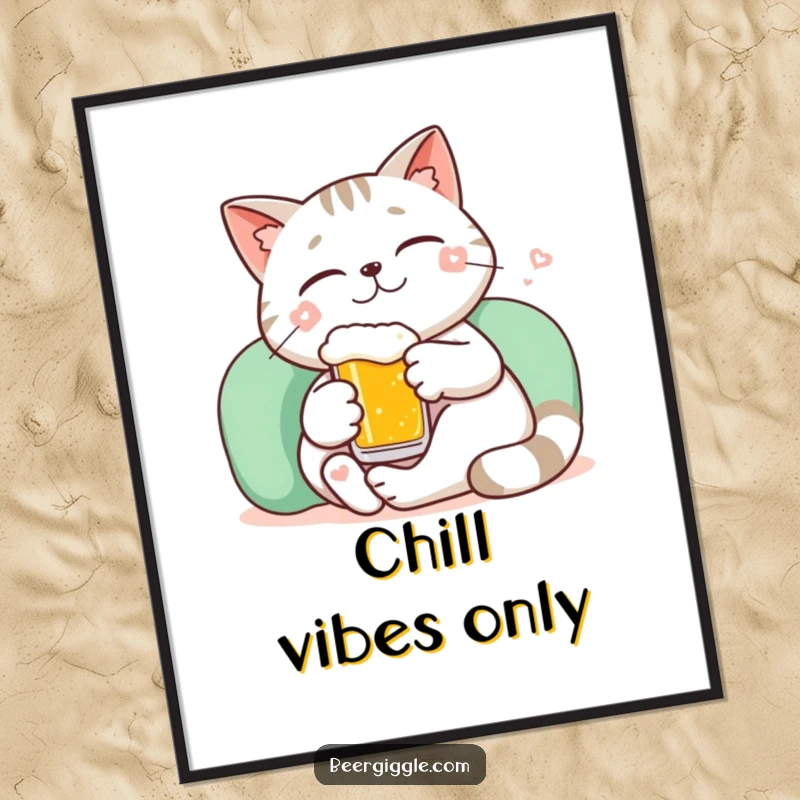 Funny kawaii cat lounging peacefully with a tiny beer and a smile, displayed as calming wall art.