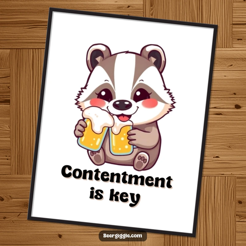 Funny kawaii badger beer poster featuring a contented smiling badger enjoying a drink, perfect humorous wall decor.