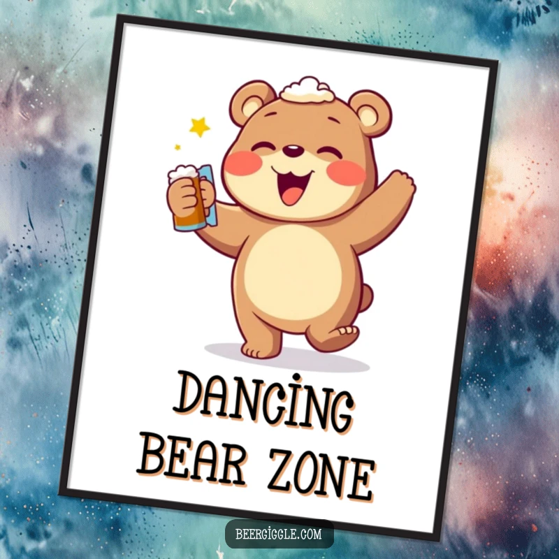 Funny dancing bear beer poster, captured mid-happy-dance with a frothy mug, bringing vibrant energy and humor to any space.