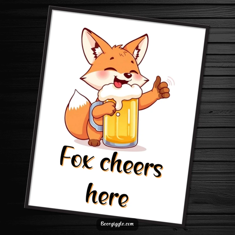 Funny giggling fox beer poster, high-fiving a beer mug, radiating mischief and celebratory cheer on your wall.