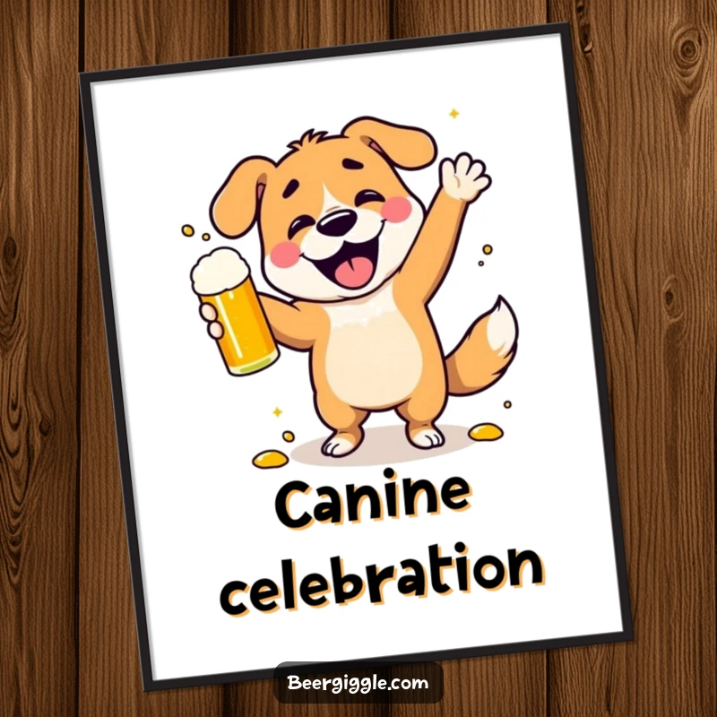 Funny dancing dog poster print of a character spilling beer while celebrating, adding vibrant, humorous wall art.
