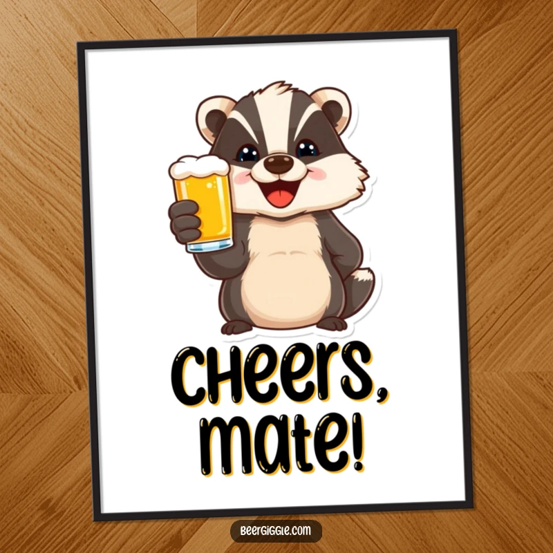 Funny poster print of a delighted badger character toasting with a beer, adding a festive and humorous celebratory vibe to any room.