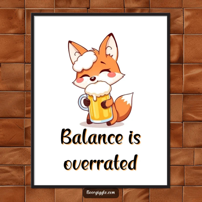 Funny fox giggling while balancing a beer mug on its snout, creating a humorous and eye-catching piece of wall art.