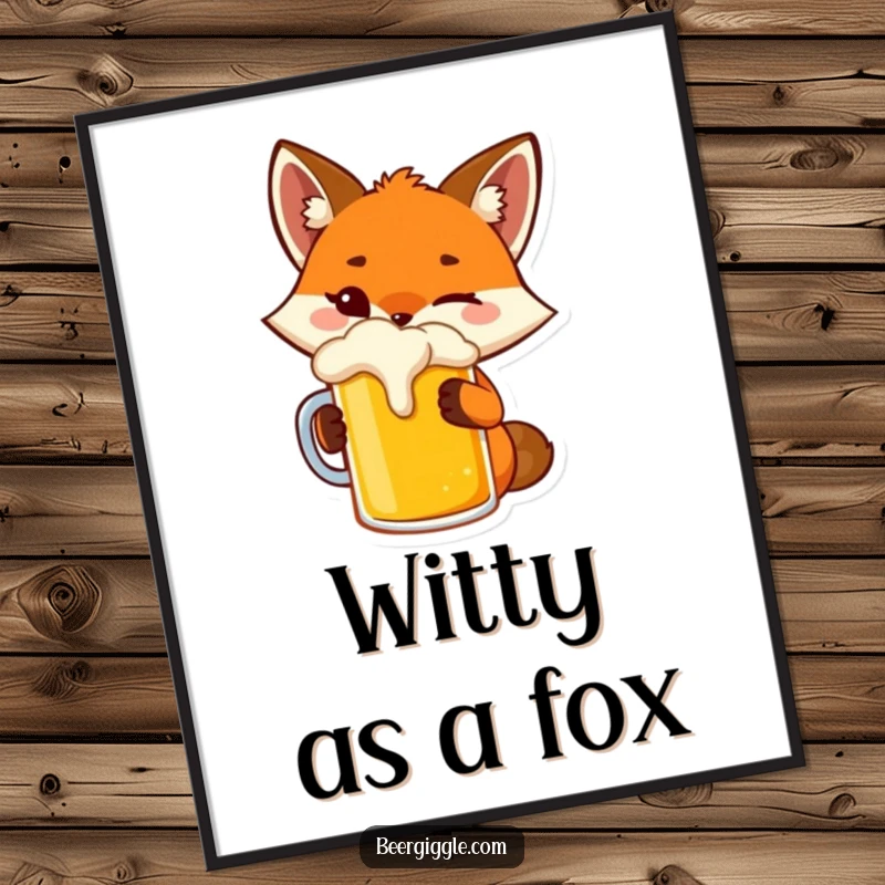 Funny fox poster art of a playful character winking while toasting a beer mug, adding charm.