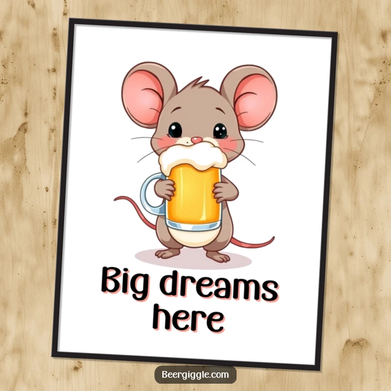 Funny poster illustrating a happy mouse character expertly balancing a small beer mug, exuding charm and skill.