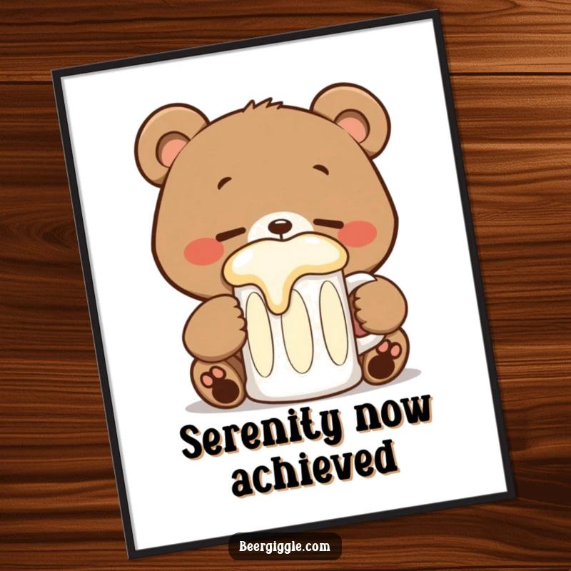 Funny kawaii bear stein poster featuring a happy bear with closed eyes sipping from a large stein, peaceful art.