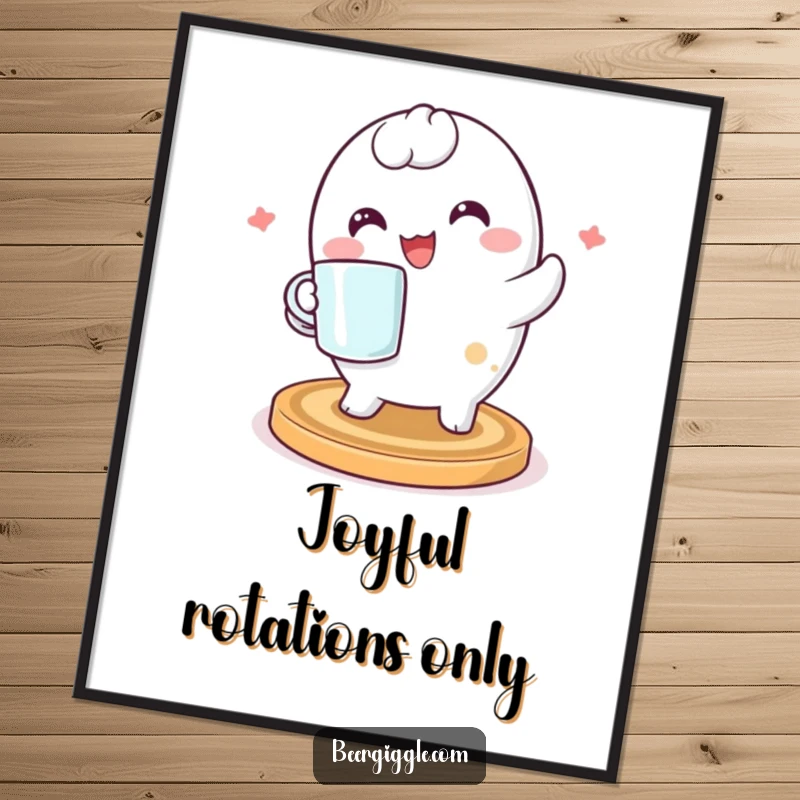 Funny kawaii coaster character captured in a dynamic spin on a vibrant poster, bringing a burst of happiness and artistic charm to any wall.