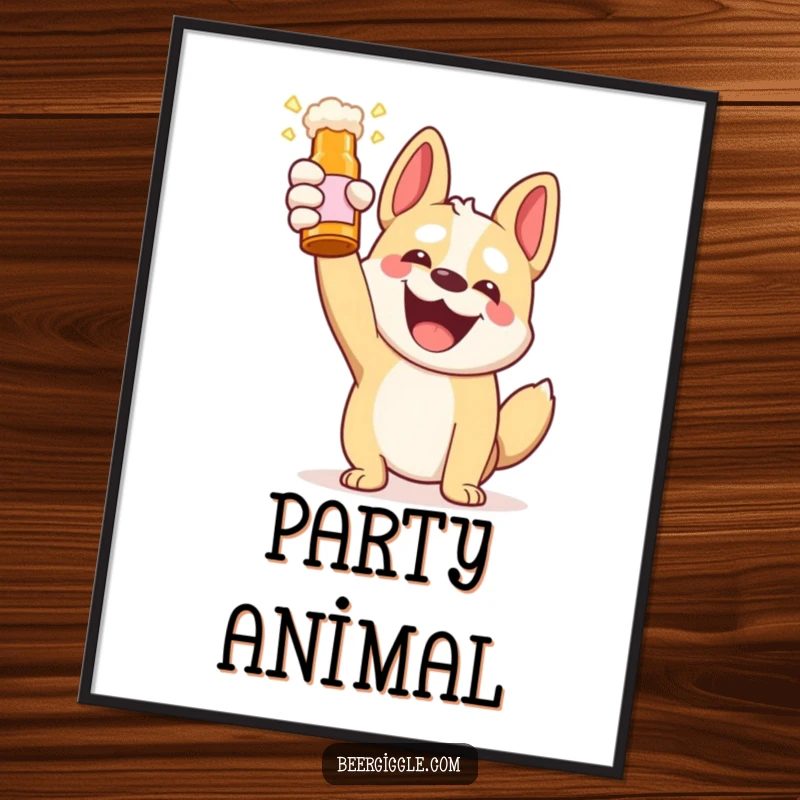 Funny Kawaii Dog Beer Toast Poster: A joyful dog celebrating with a beer bottle. Vibrant and humorous wall decor for a cheerful atmosphere.