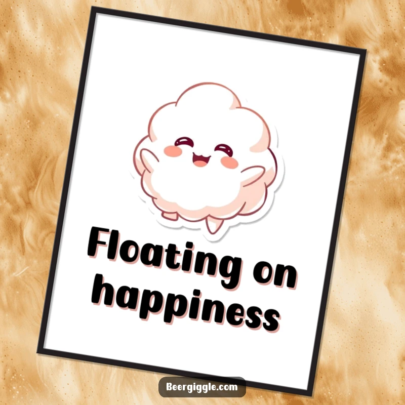 Funny kawaii foamy character giggling while floating upwards on a poster, a whimsical and cheerful art piece. Fun decor.