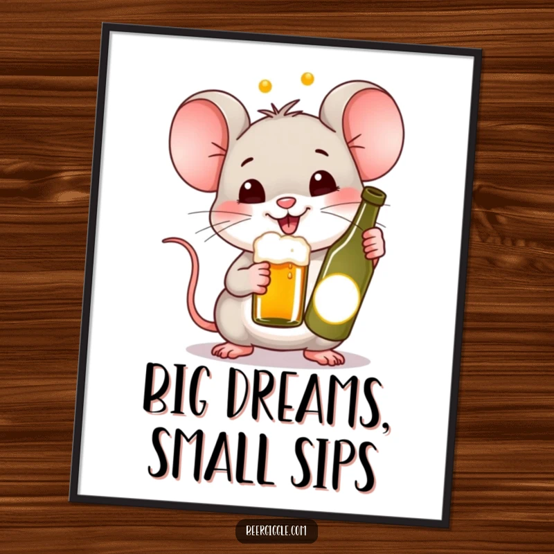 Funny Kawaii Mouse Beer Poster: A happy mouse cheering with a tiny beer bottle. Vibrant and humorous wall decor for a cheerful atmosphere.