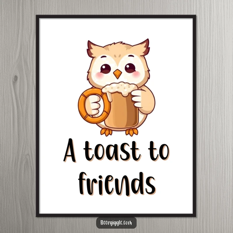 Funny Kawaii Owl Poster: Adorable owl character joyfully clinks a pretzel mug, creating a whimsical and funny wall decoration.