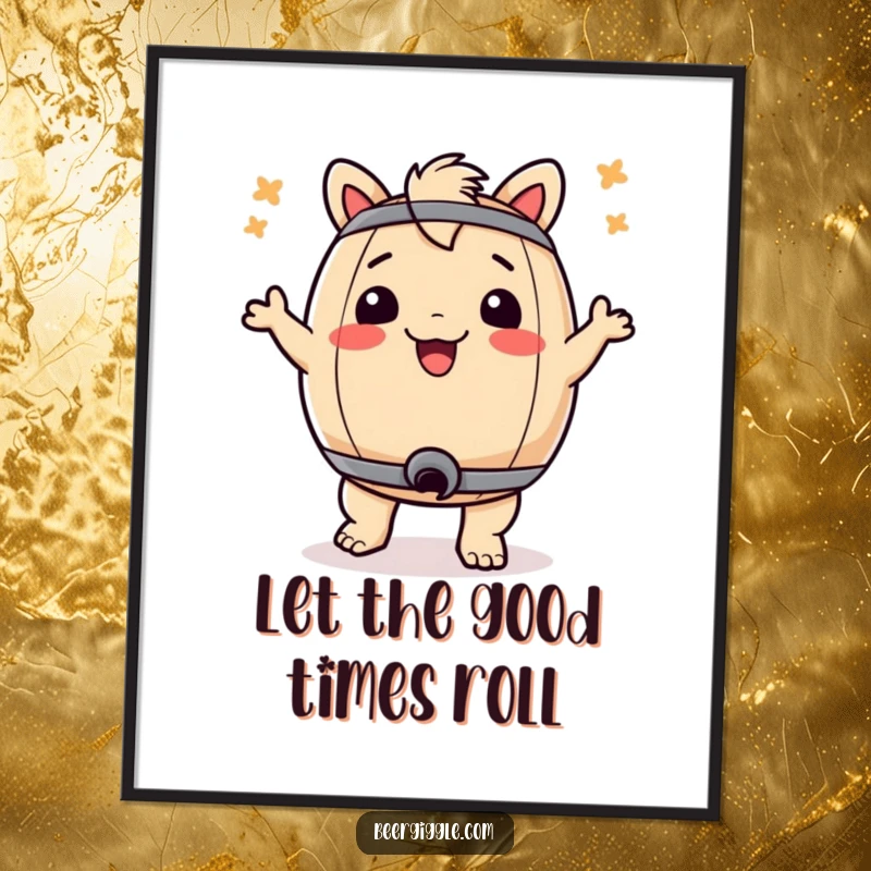 Funny poster art featuring a cartoon keg in a celebratory bum dance pose, adding a humorous and lively touch to decor.