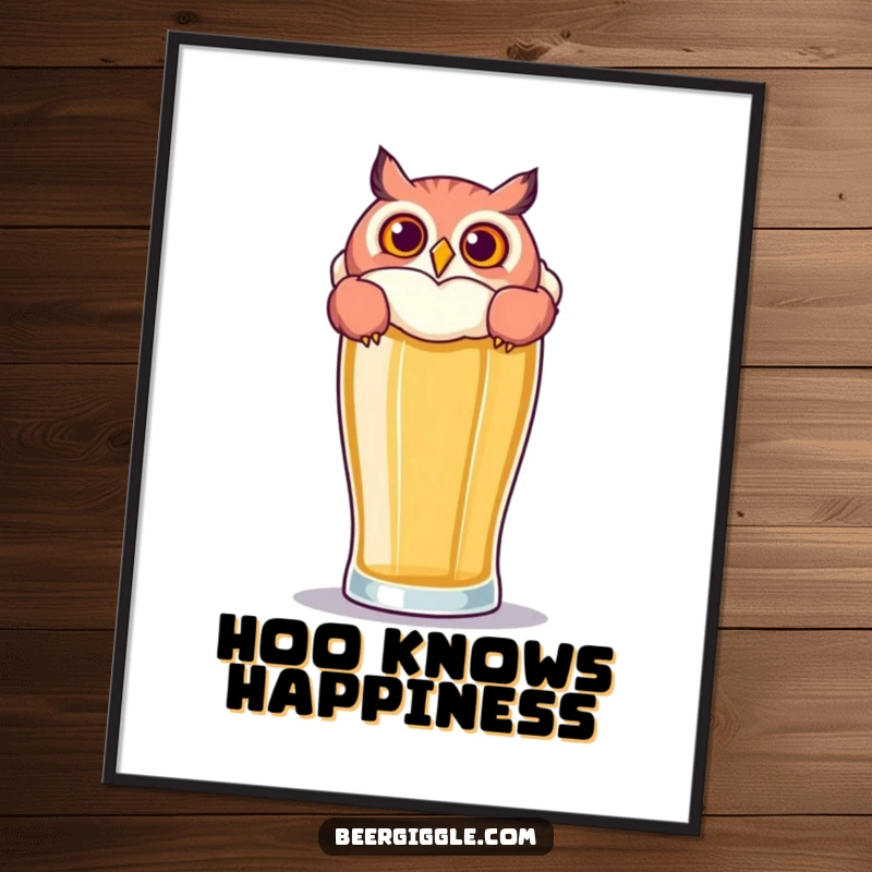 Funny Owl Beer Poster: A playful owl peers over a large beer glass, bringing hilarious whimsical vibes.