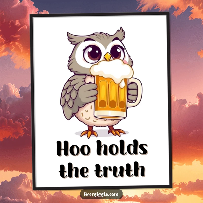 Funny owl with wide, delighted eyes holding a beer stein, creating a humorous and eye-catching piece of wall art.