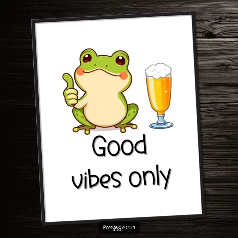 Funny Kawaii Frog Thumbs Up Poster: A cheerful frog giving a thumbs up next to a beer. Vibrant and humorous wall decor for a happy atmosphere.