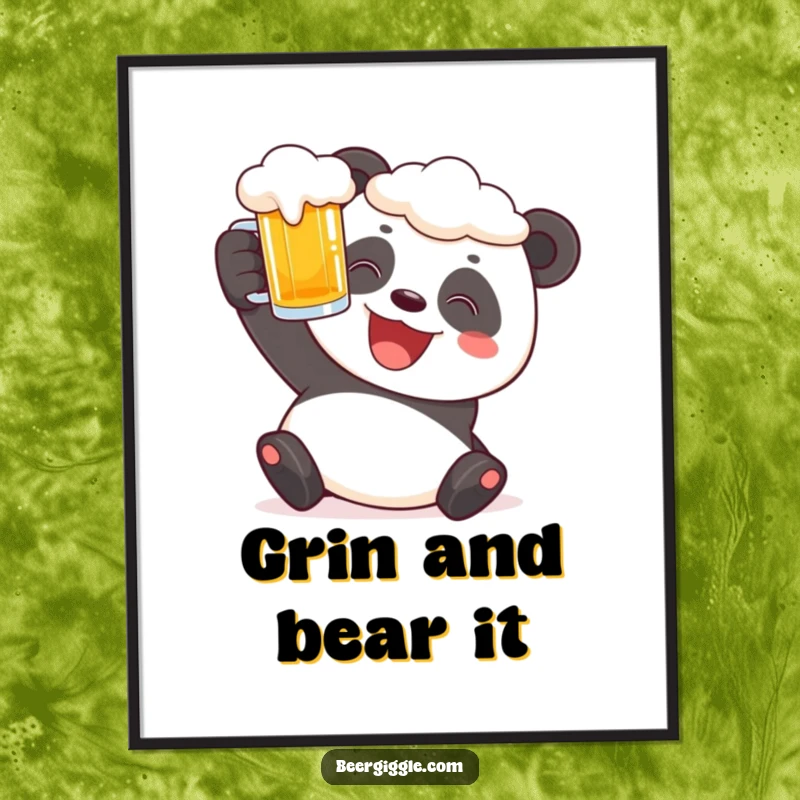 Funny panda poster art of a cheerful character raising a frothy beer stein with a big grin.