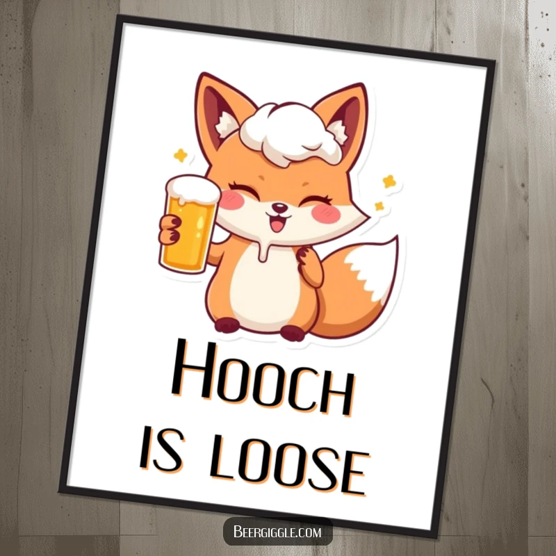 Funny kawaii fox winking while holding a frothy beer, displayed as vibrant, humorous wall art.
