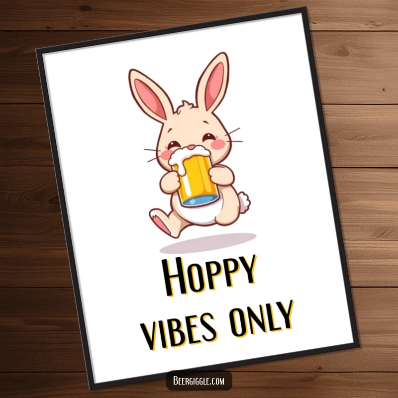 Funny rabbit character joyfully hopping with a beer mug, high-quality poster print, perfect for home or office decor.
