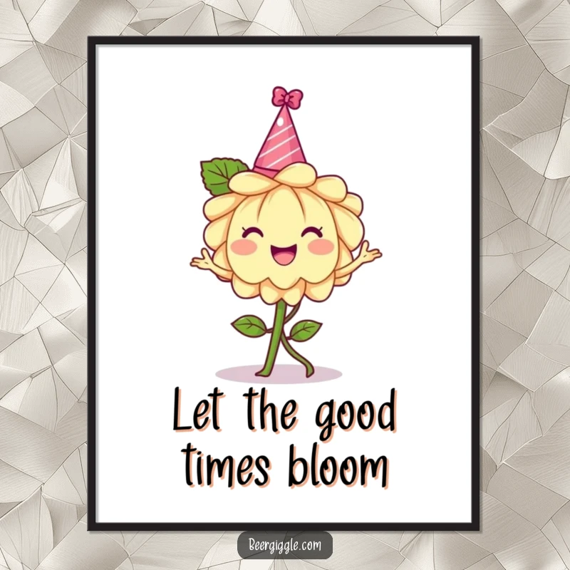 Funny hops flower poster, cheerful, wearing a tiny party hat, dancing, wall art, brewery decor, humorous illustration.