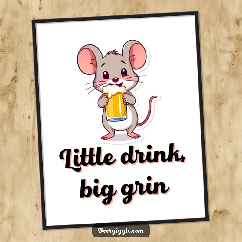 Funny poster featuring a happy mouse character perfectly balancing a small beer mug, adding a touch of whimsy and humor to walls.