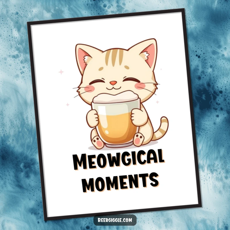Funny cat poster art of a smiling character enjoying a foamy brew with eyes closed, promoting relaxation.