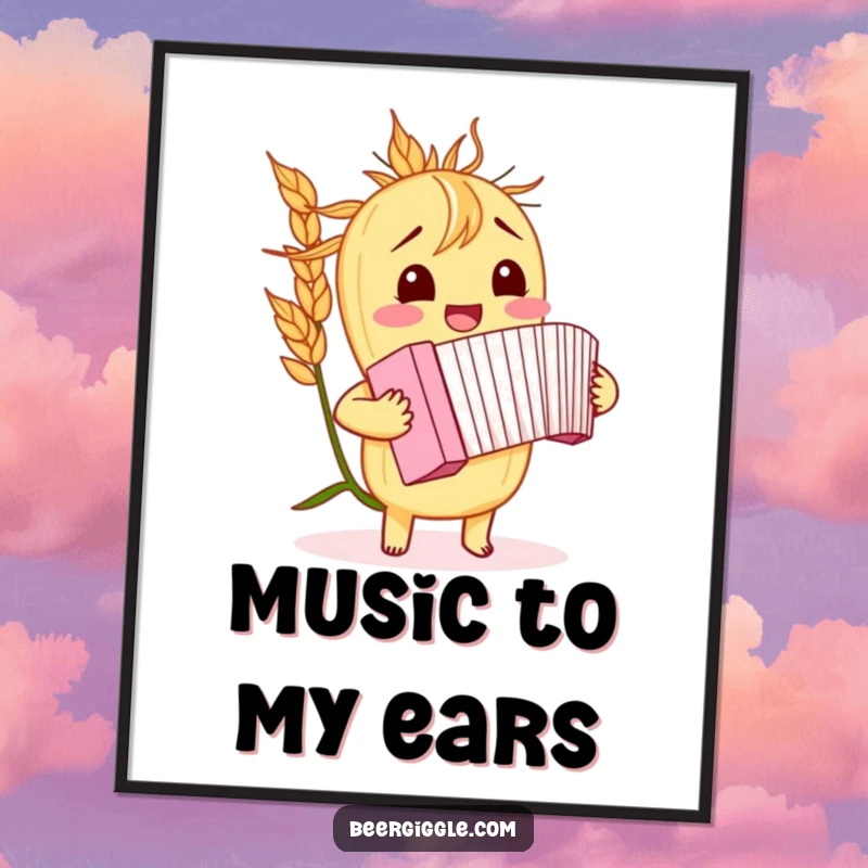 Funny barley stalk poster, giggling, playing a miniature accordion, wall art, music decor, humorous illustration.