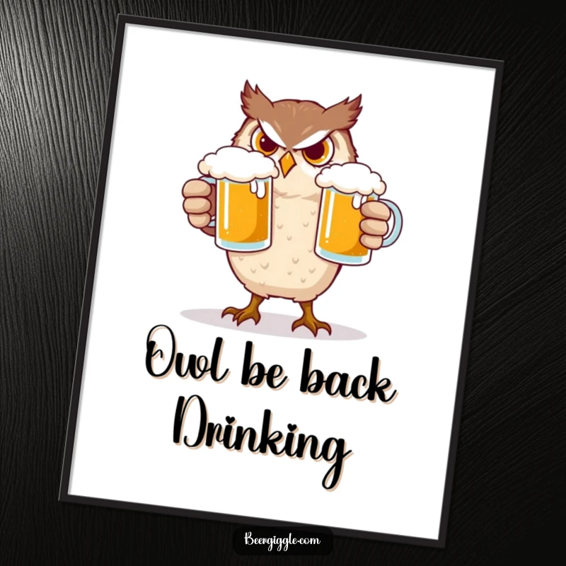 Funny Owl Poster: A determined owl character focused on balancing two heavy beer mugs, creating a humorous scene.
