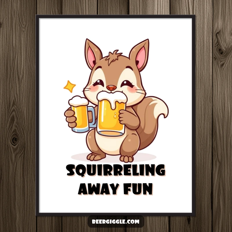 Funny poster illustrating a cheerful squirrel character holding a beer mug, bringing a dose of woodland joy.