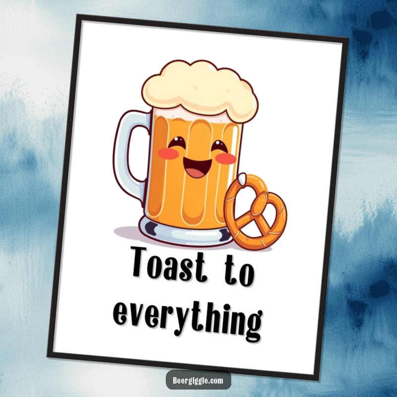 Funny beer mug poster, grinning, toasting with a tiny pretzel, wall art, home decor, humorous illustration.