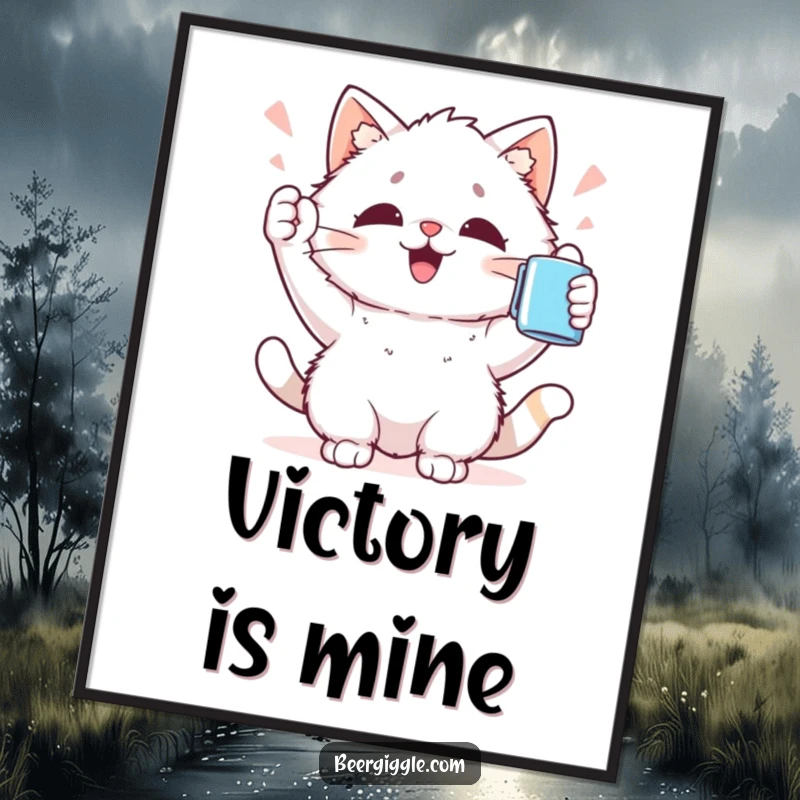 Funny Kawaii Cat Poster: Adorable fluffy cat cheers holding a mug aloft, creating a joyful and humorous wall decoration.