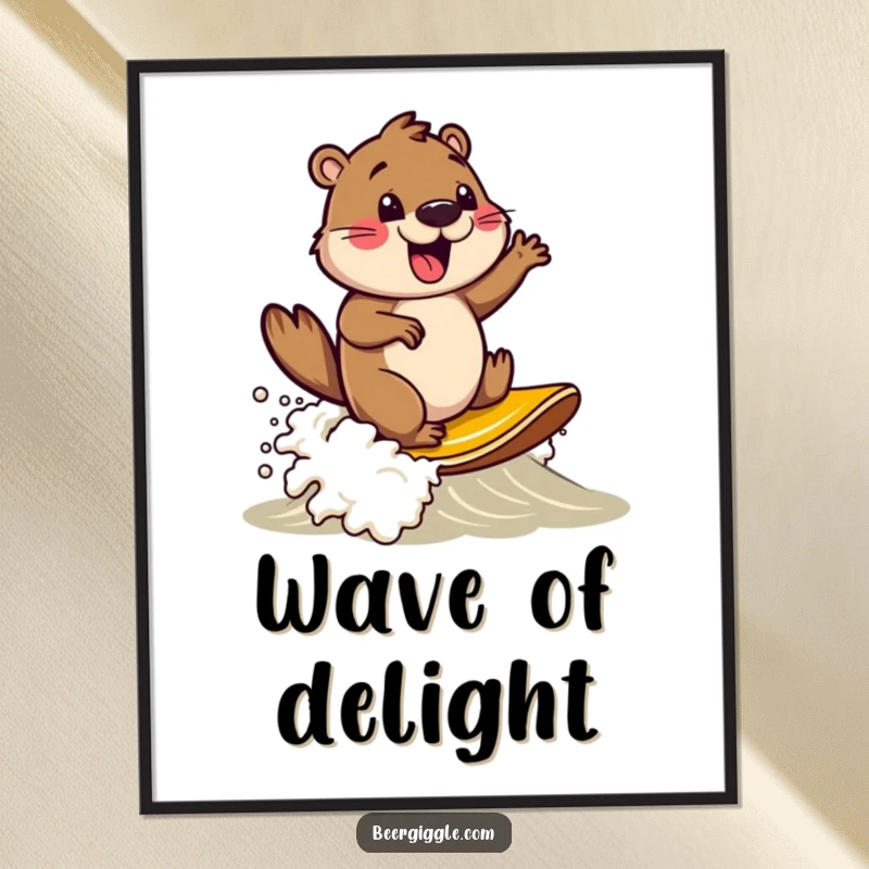 Funny beaver character surfing on a beer foam wave, high-quality poster print, perfect for adding lively decor.