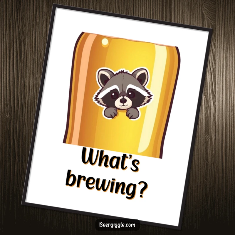Funny raccoon character peeking from behind a giant beer bottle, high-quality poster print, adding a humorous touch to decor.
