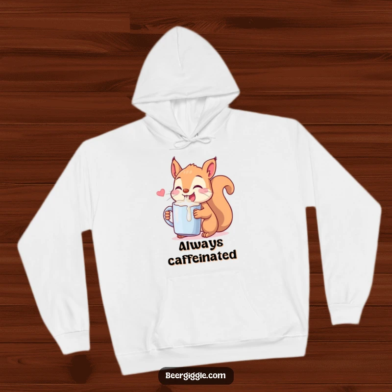 Funny Kawaii Squirrel Chugging Hoodie: A cute squirrel enthusiastically drinking from a small mug. Comfy and humorous wear for animal lovers.