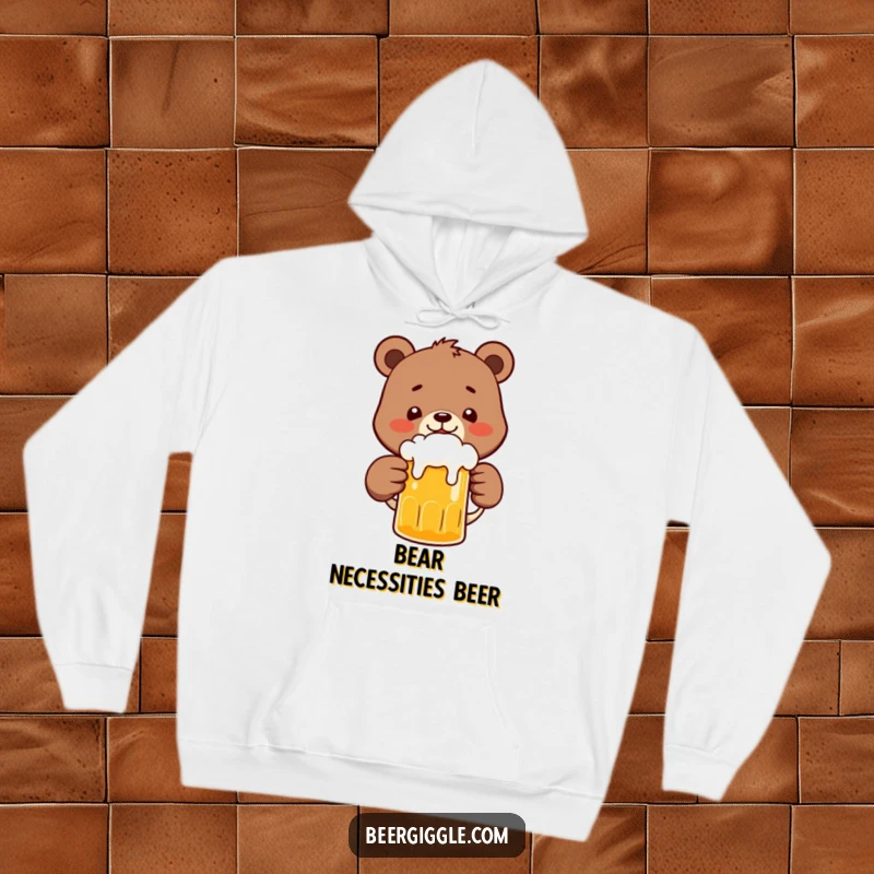 Funny Bear Hoodie: A happy bear character in a warm hoodie, clinking a frothy beer mug, celebrating good cheer.