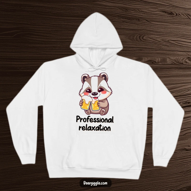 Funny kawaii badger hoodie design featuring a contented badger happily drinking beer, offering warm and humorous apparel.